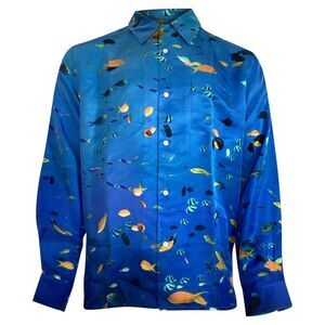 Loewe Printed Convertible-Collar Shirt in Blue Silk